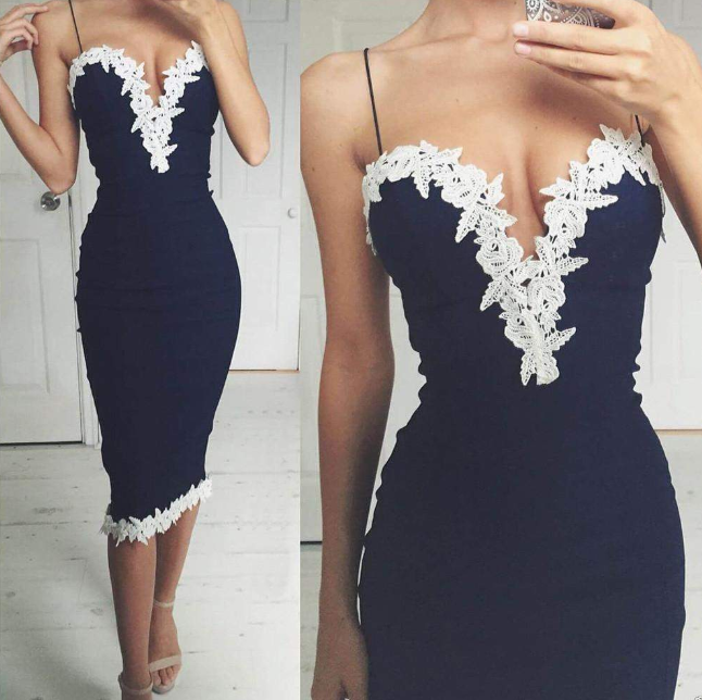 Lace-Applique V-Neck Bodycon Midi Dress