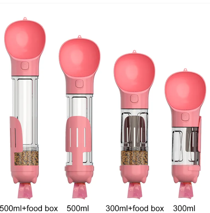 Portable Dog Water Bottle 4-in-1 Travel Dispenser with Foldable Drinking Bowl Food Container and Waste Bag Holder Leak-Proof 300ml 500ml