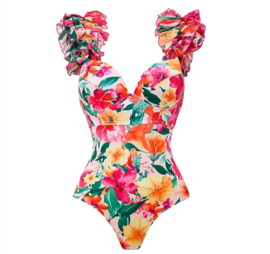 Floral Ruffle One-Piece Swimsuit and Maxi Skirt Set