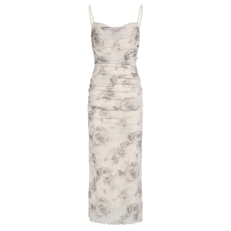 Rose Print Mesh Ruched Slip Dress