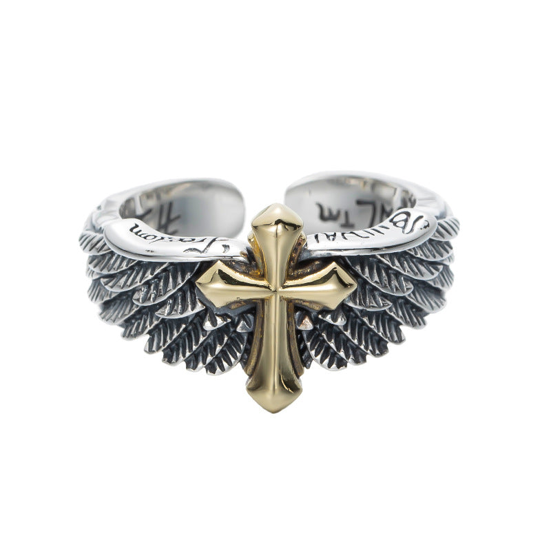 Vintage Men's Fashion Ring with Cross and Wings Design