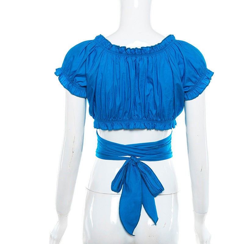 Deep V-Neck Ruffle Edge Crop Top with Ties