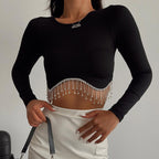 Fashionable Long Sleeve Rhinestone Crop Top for Women