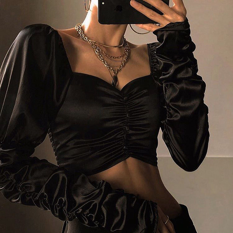 French Court Style Square Neck Ruched Crop Top