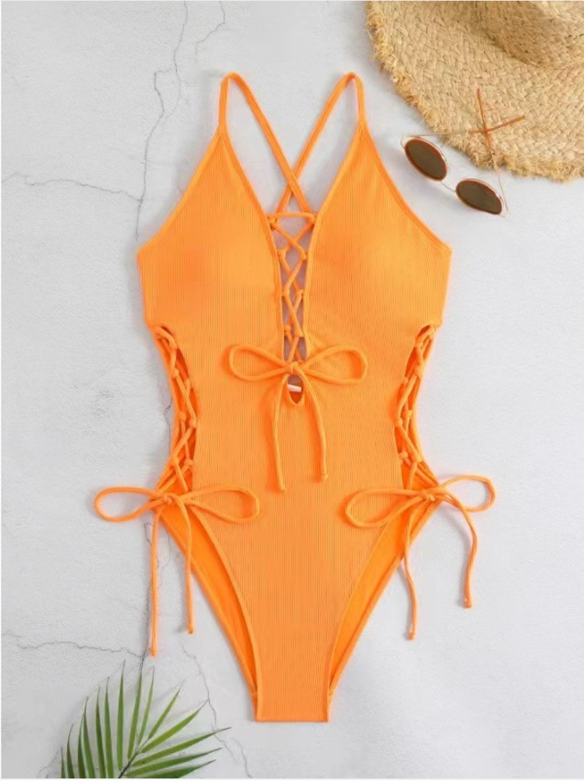 Women's Ribbed Lace-Up Plunge One-Piece Swimsuit