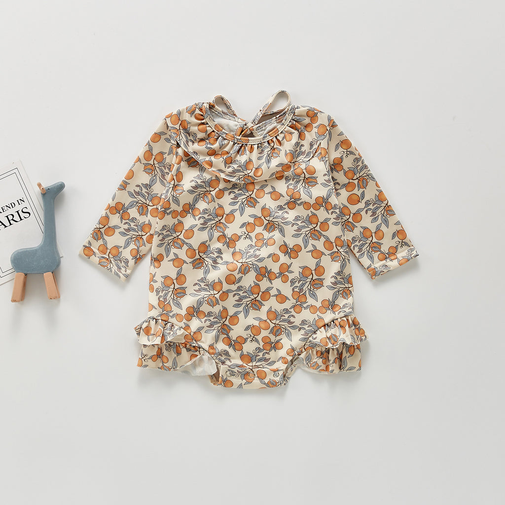 Baby Girl Orange Fruit Print Long Sleeve Ruffle Swimsuit