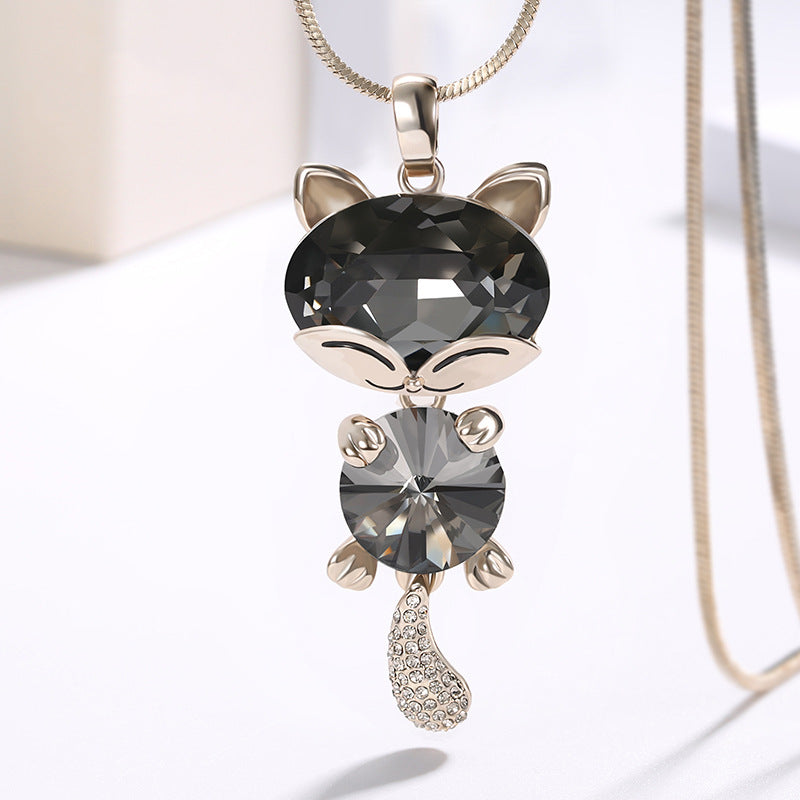 Long Sweater Chain with Crystal Cat Pendant