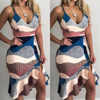 V-Neck Ruffled Bodycon Dress with Spaghetti Straps