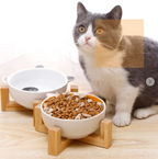Cute Ceramic Pet Bowl with Bamboo Stand, Cartoon Animal Face Design, Elevated Non-Slip Food & Water Dish for Cats & Small Dogs