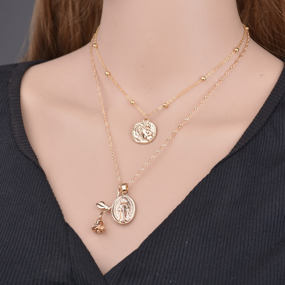 Layered Rose and Medallion Pendant Necklace