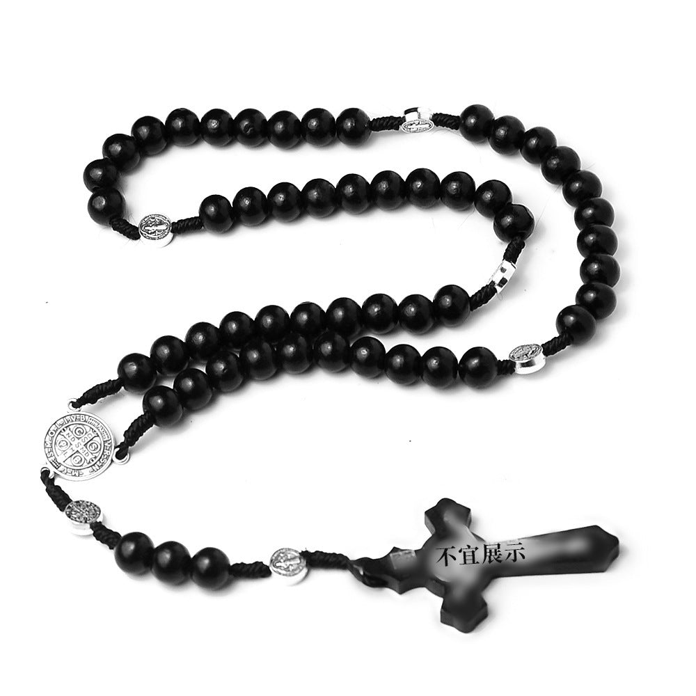 Wood Bead Cross Rosary Necklace | Christian Jewelry