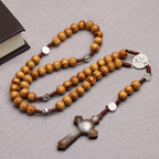 Wood Bead Cross Rosary Necklace | Christian Jewelry