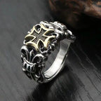 Silver Punk Men's Cross Ring with Anchor Flower