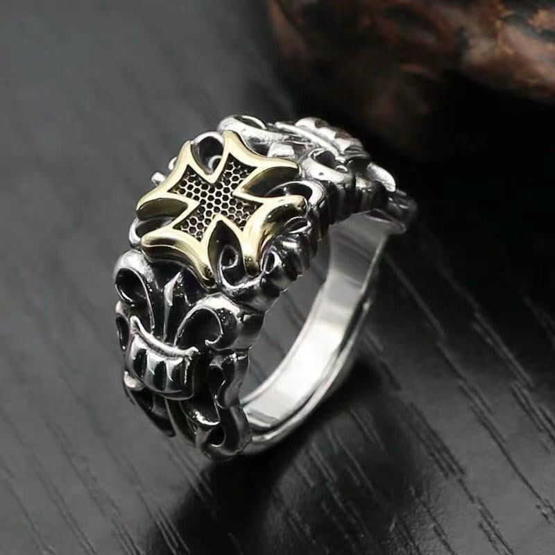 Silver Punk Men's Cross Ring with Anchor Flower