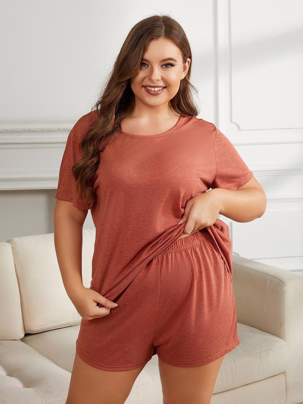 Plus Size Women's Pajama Set - Scoop Neck Tee & Shorts
