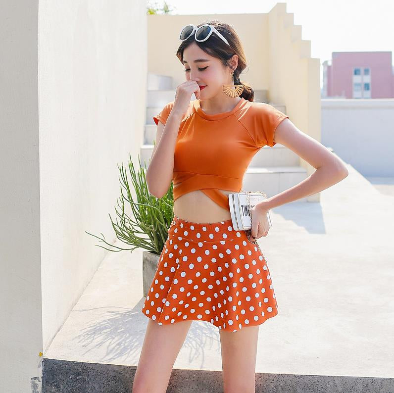 Women's Modest Short-Sleeve Top and Polka Dot Skirted Swimsuit