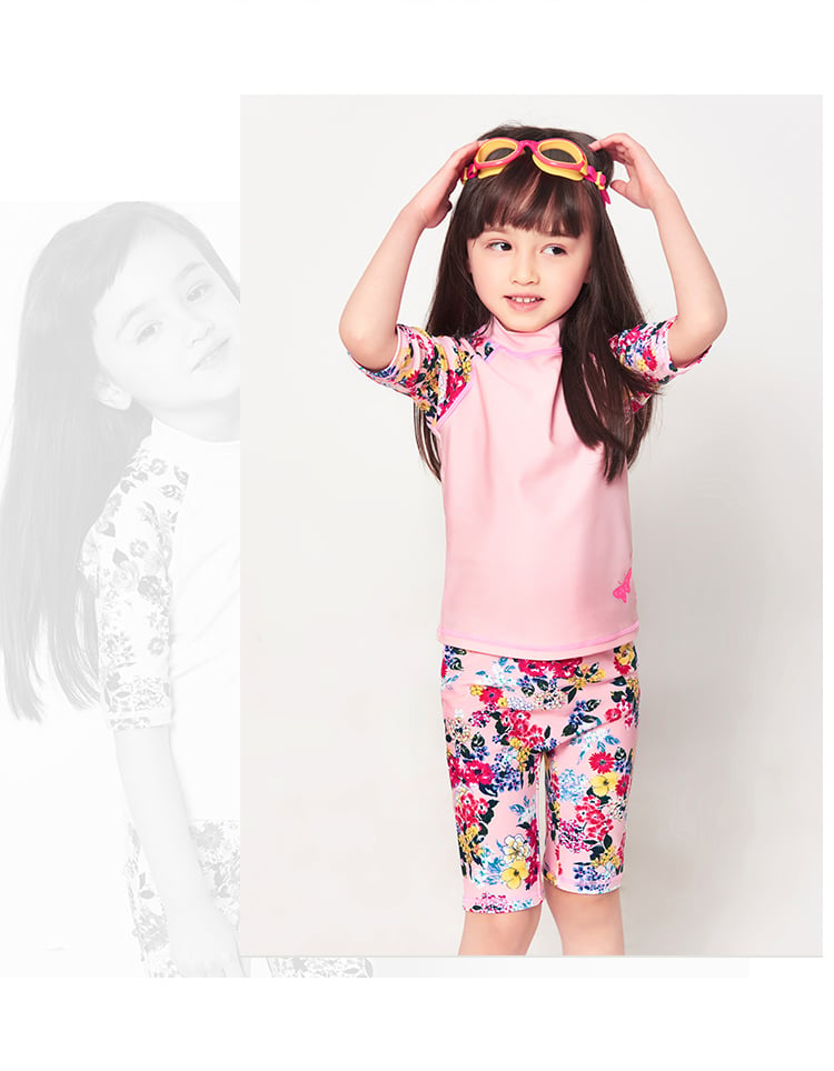 Girls' Floral UV Rash Guard Swim Set with Shorts