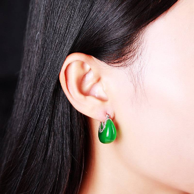 Silver Green Cat's Eye Stone Earrings