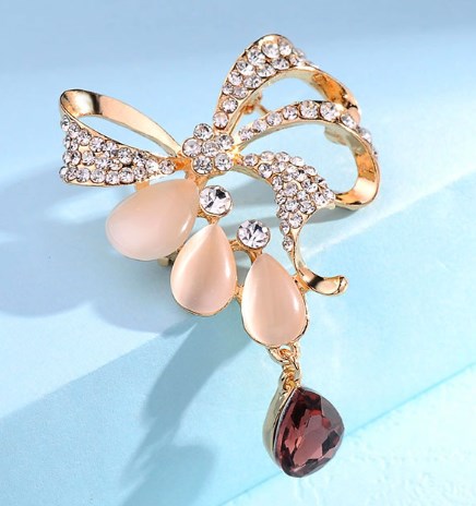 Fashion Bowknot Crystal Brooch with Blue Drop