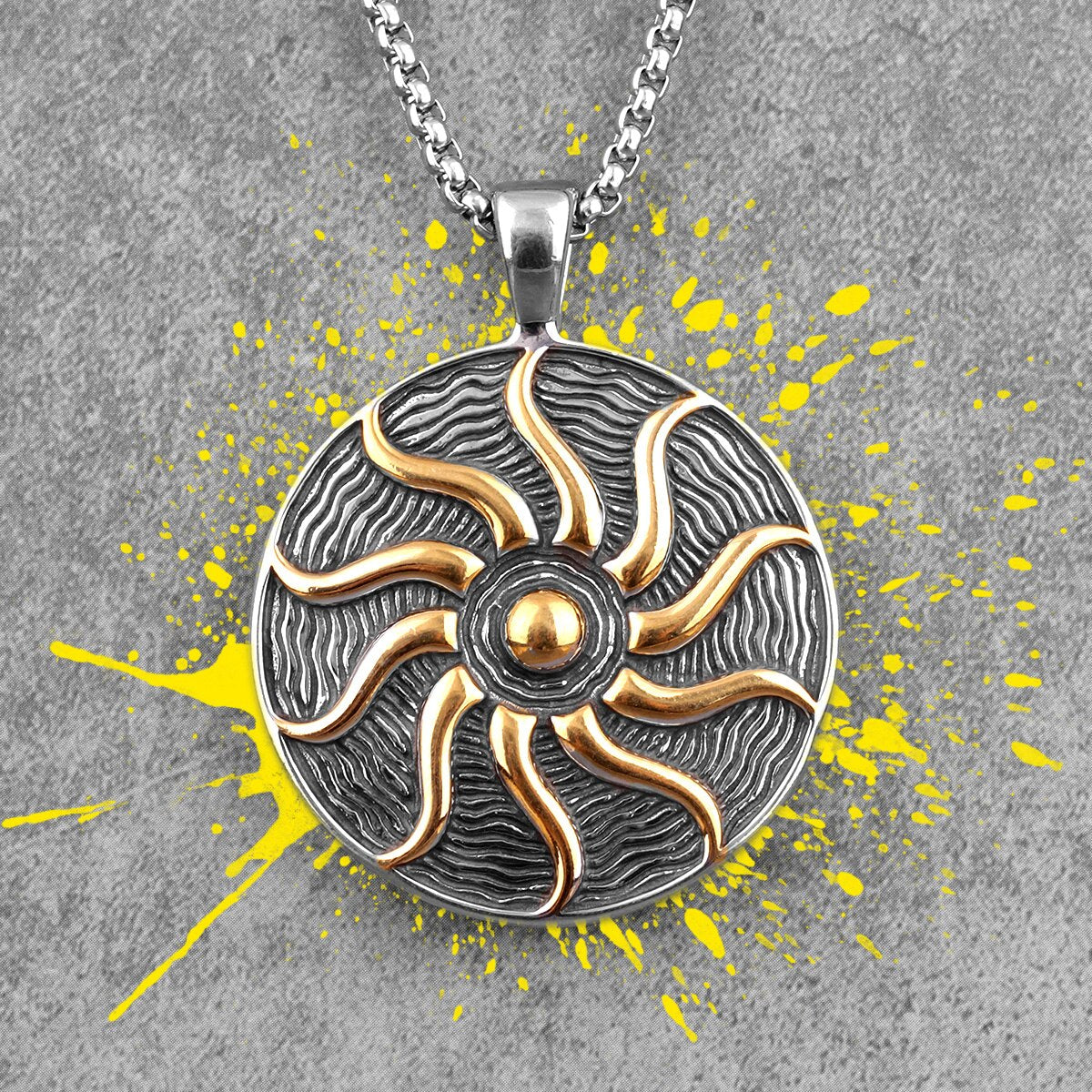 Stainless Steel Sun Medallion Pendant Necklace