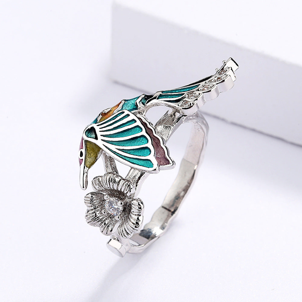 Enamel Hummingbird Flower Ring