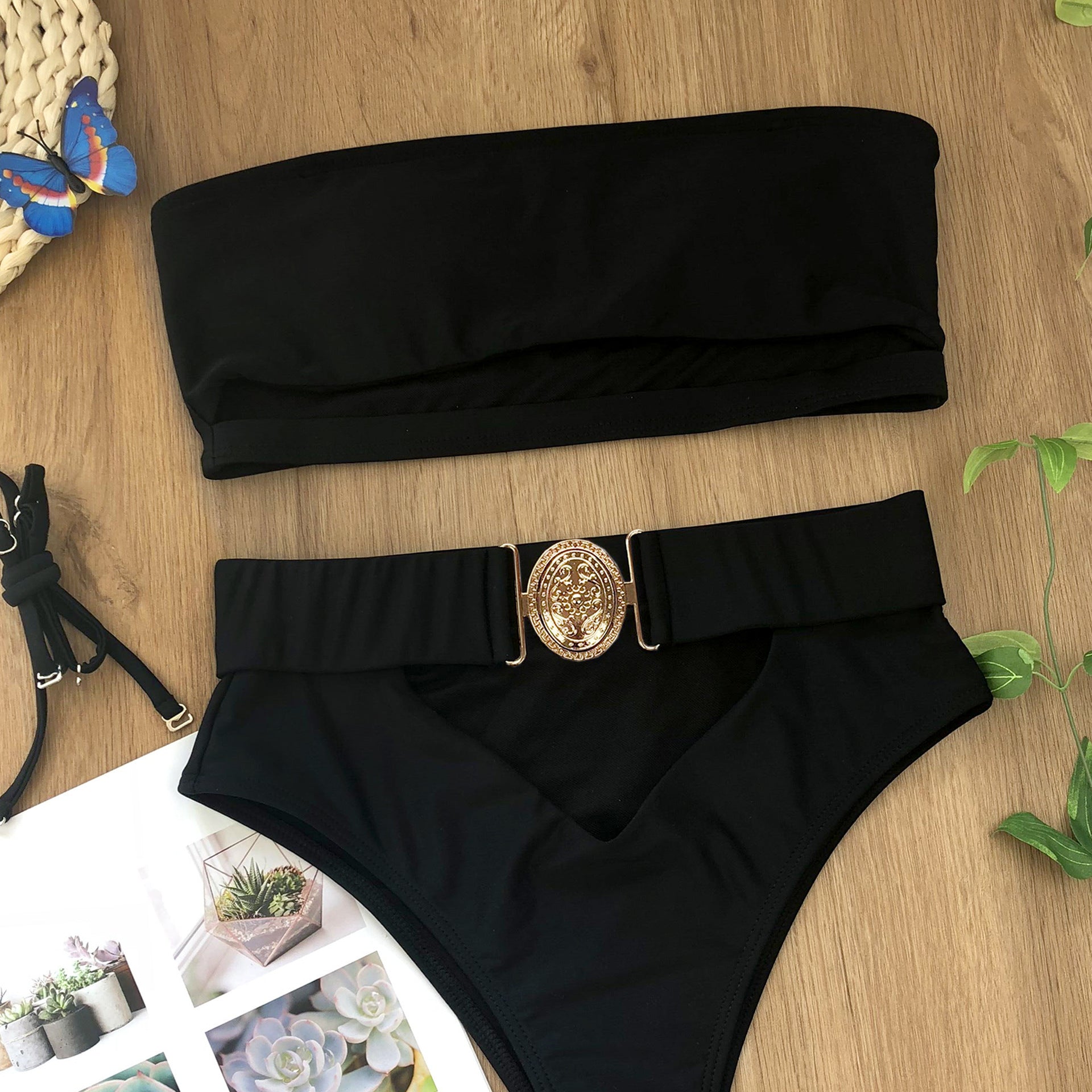 Metal Buckle Strapless Bandeau Bikini Set