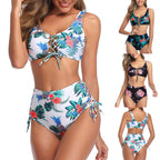 Tropical Lace-Up High-Waist Bikini Set