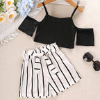 Girls' Summer Casual Off-Shoulder Set with Striped Shorts