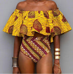 Ankara Print Off-Shoulder Ruffle High-Waist Bikini Set