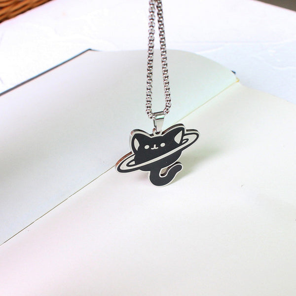 Black Cat Reading Fish Book Pendant Necklace