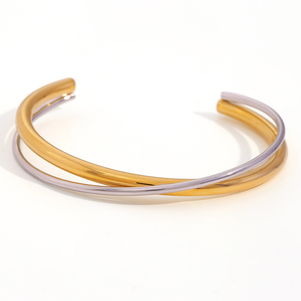 Simple Stainless Steel 18K Gold Plated Double Cross Bracelet