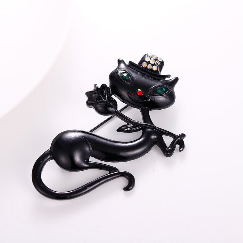 Korean Black Cat Brooch with Rose Design