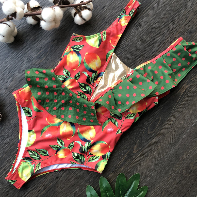 Tropical Bird Print Ruffle One-Piece Swimsuit