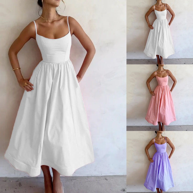 Women's Low-Cut Slim Fit Spaghetti Strap Midi Dress
