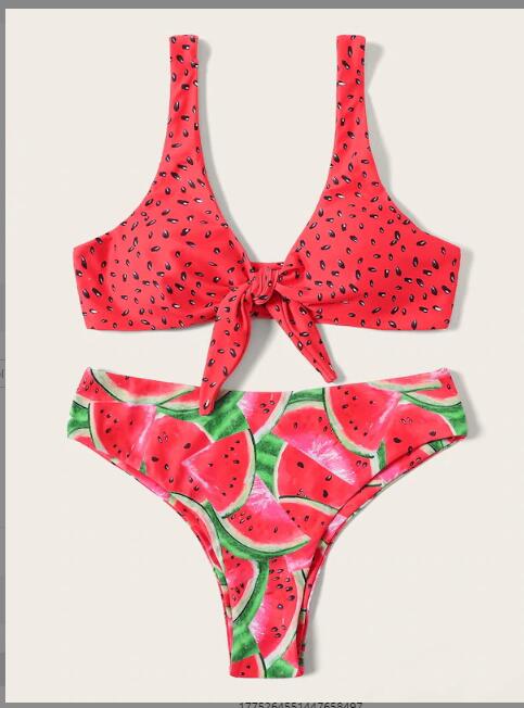 Watermelon Print Knot-Front Bikini Set