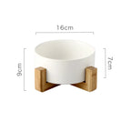 Ceramic Raised Pet Bowl with Wooden Stand, Anti-Slip Elevated Food and Water Dish for Cats and Dogs, Dishwasher Safe