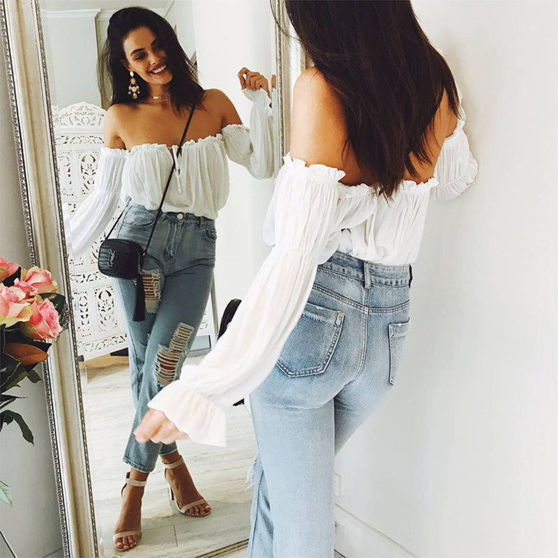 Women's White Off-Shoulder Ruffle Chiffon Cover-Up Top
