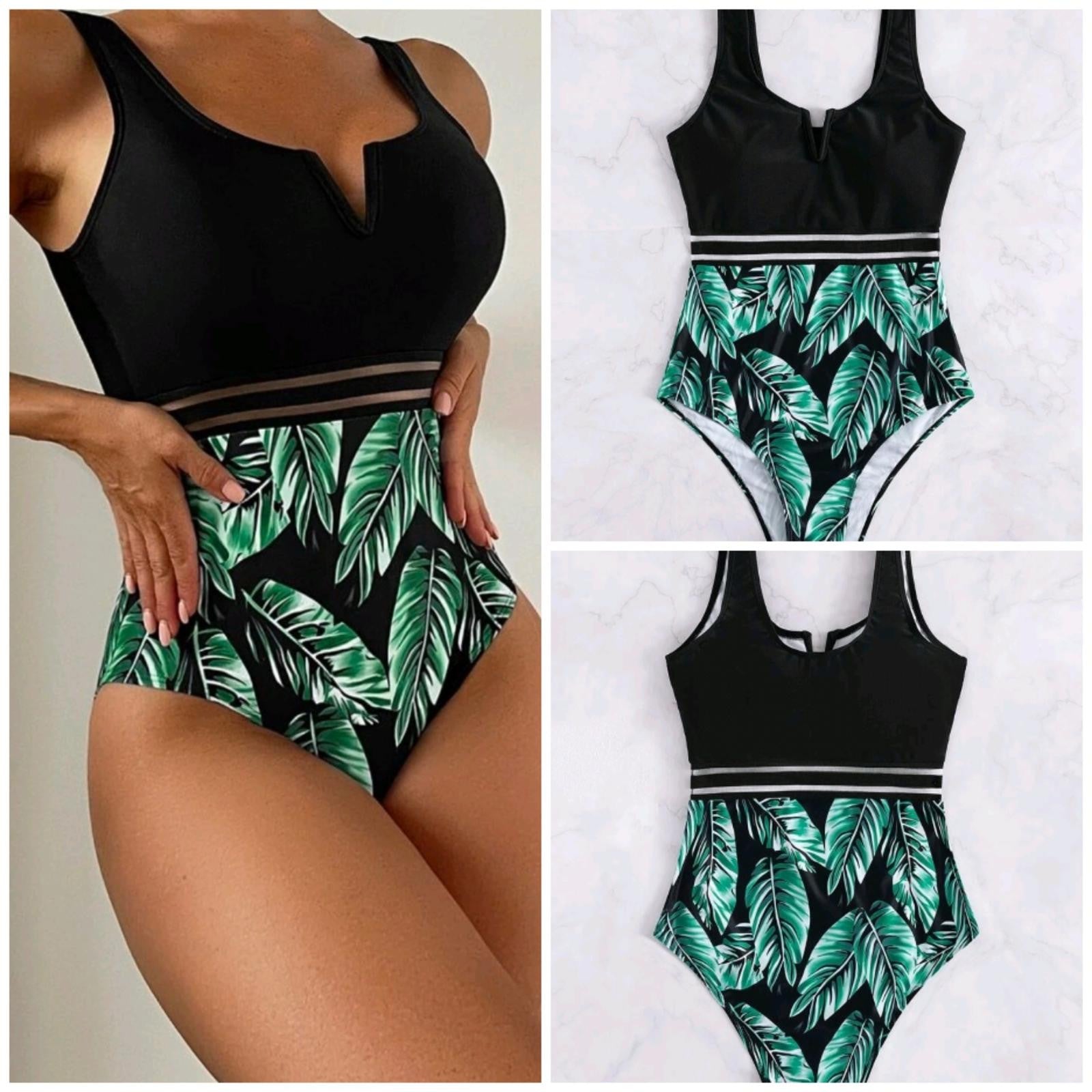 Plus Size Tropical Leaf Print One-Piece Swimsuit