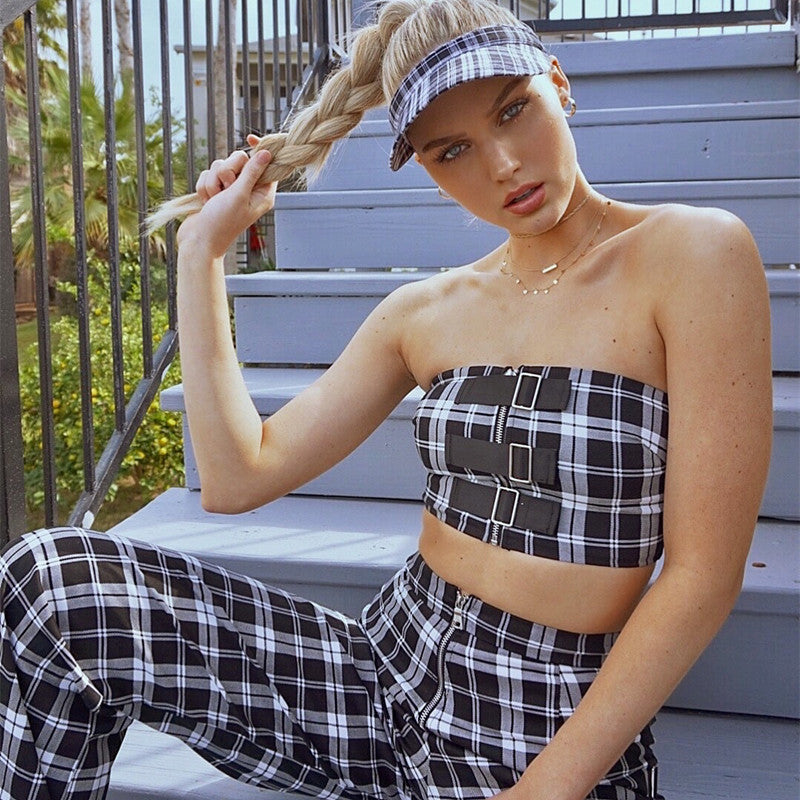 Summer Women's Plaid Crop Top and Pants Set