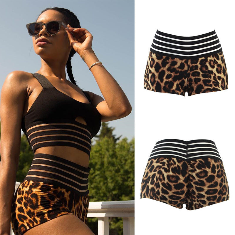 Leopard Print Striped Women's High-Waisted Shorts