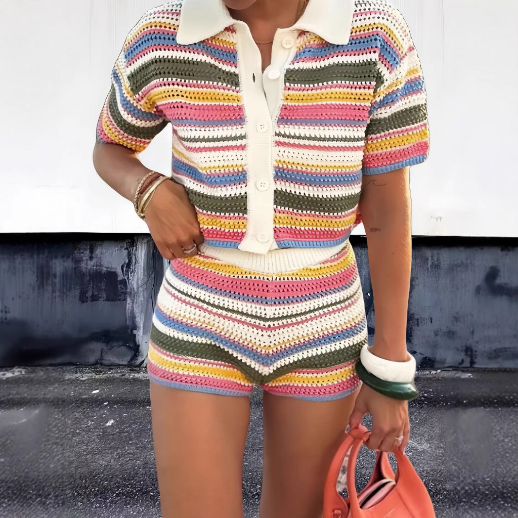 Colorful Striped Knitted Women's Suit - Top, Shorts, and Sets