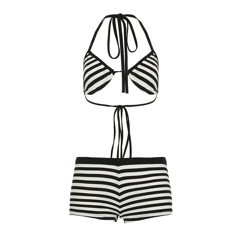 Striped Halter Bikini Set with Boyshorts