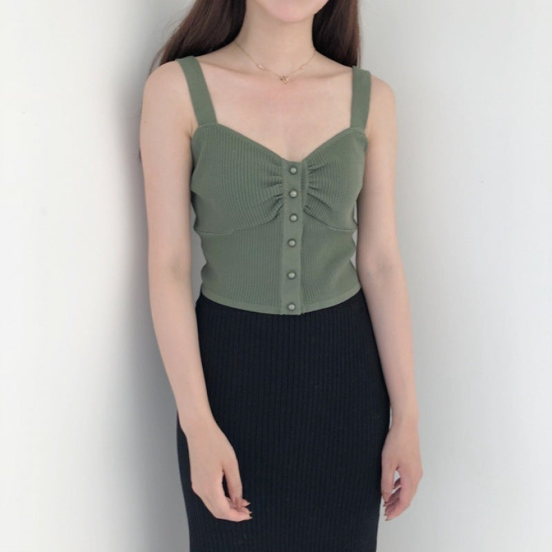 Summer Korean Style V-Neck Knitted Crop Top for Women
