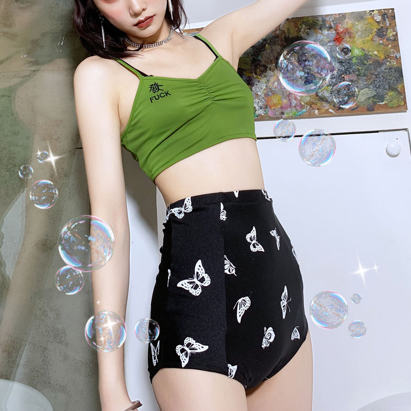 Green Crop Top and Butterfly Print High-Waist Swim Shorts Set