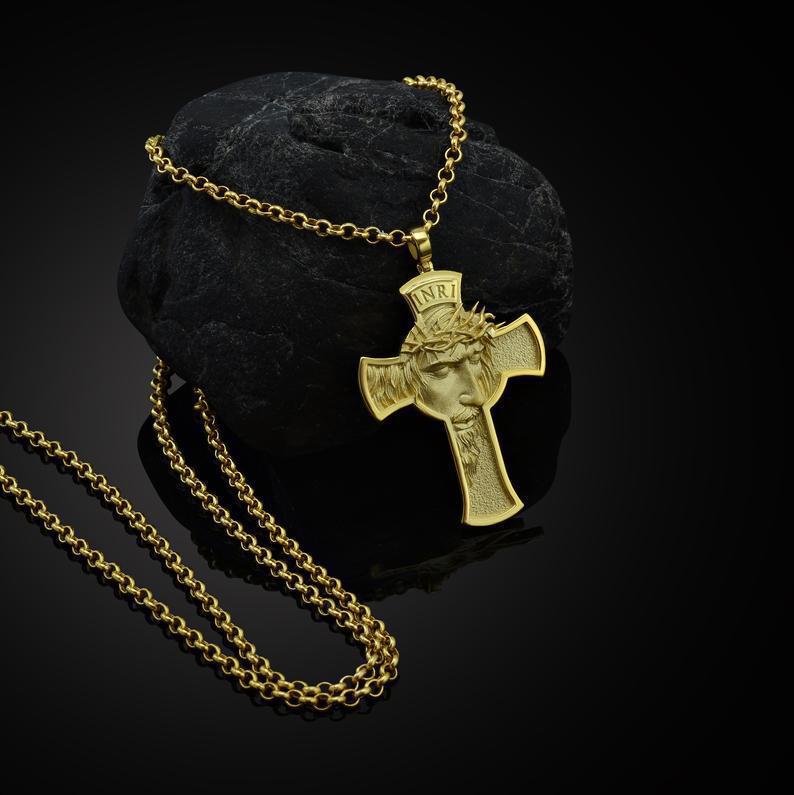 Jesus Face INRI Cross Pendant Necklace