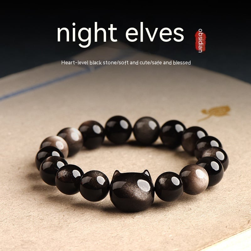 Obsidian Bead Bracelet with Cat Charm
