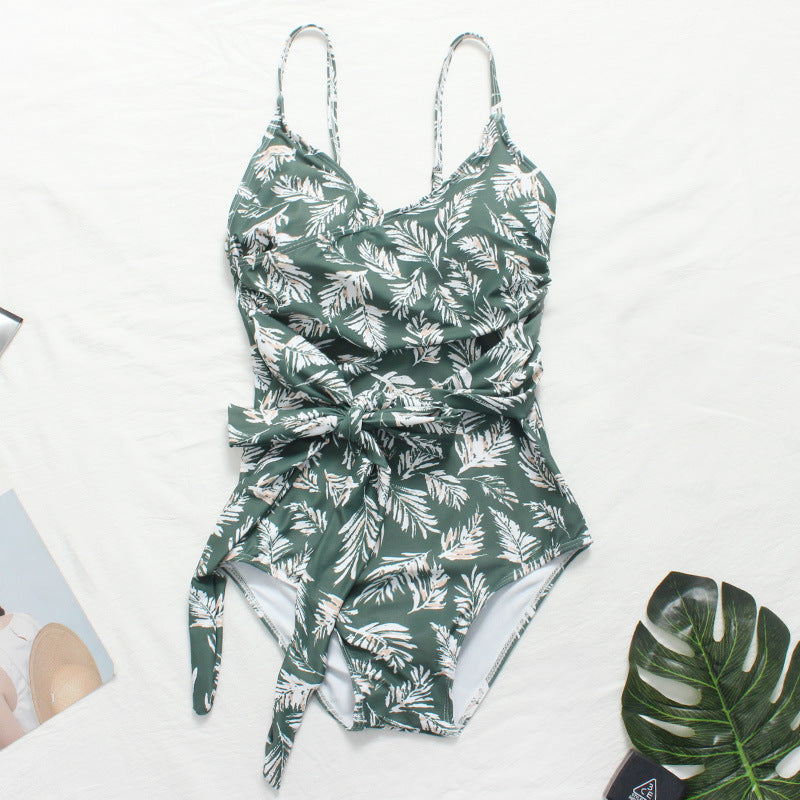 Leaf Print Skirted V-Neck One-Piece Swimsuit