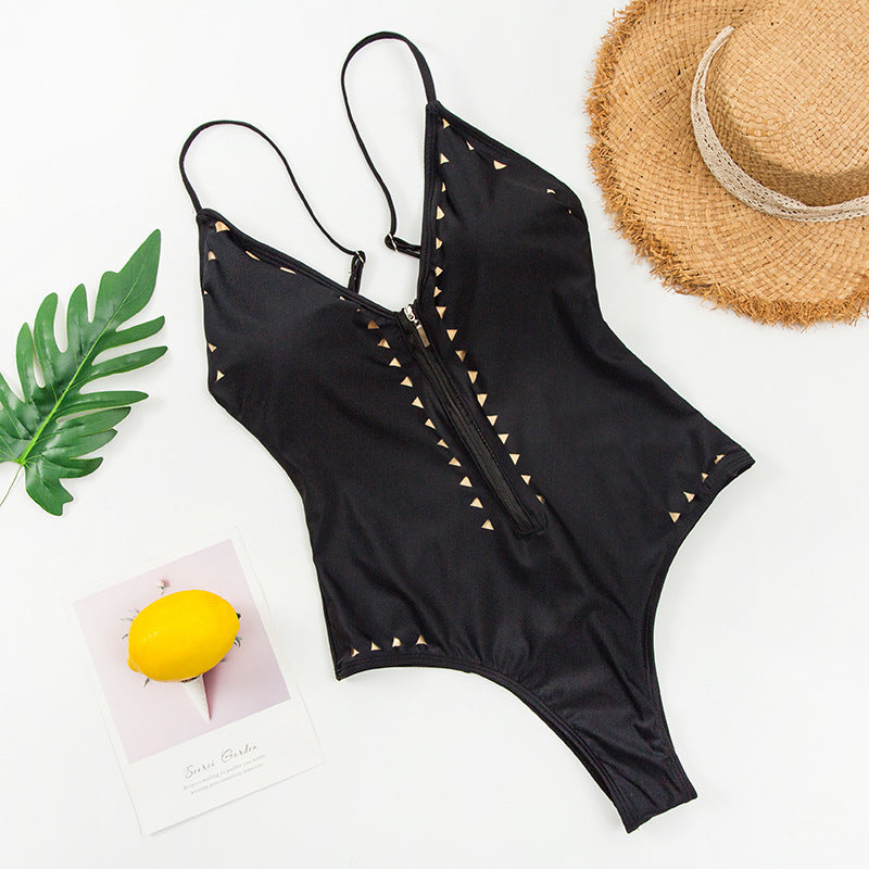 Studded Zip-Front One-Piece Swimsuit