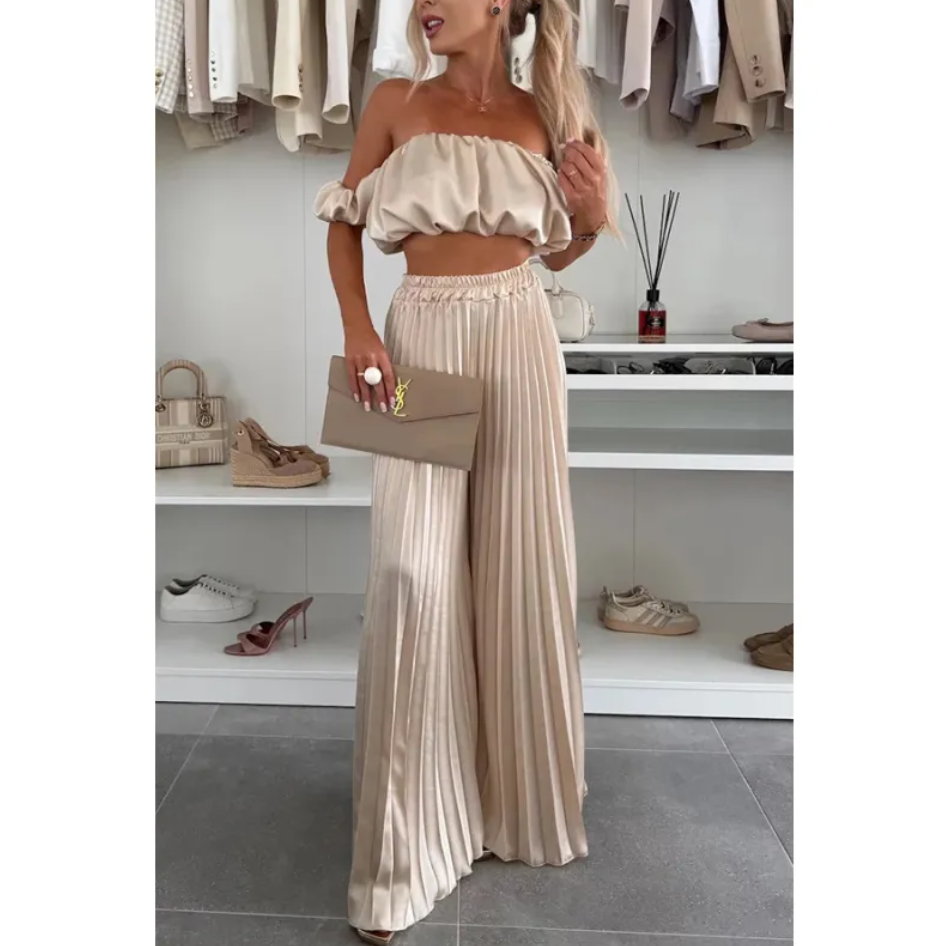 Women’s Satin Tube Top and Wide Leg Pants Set