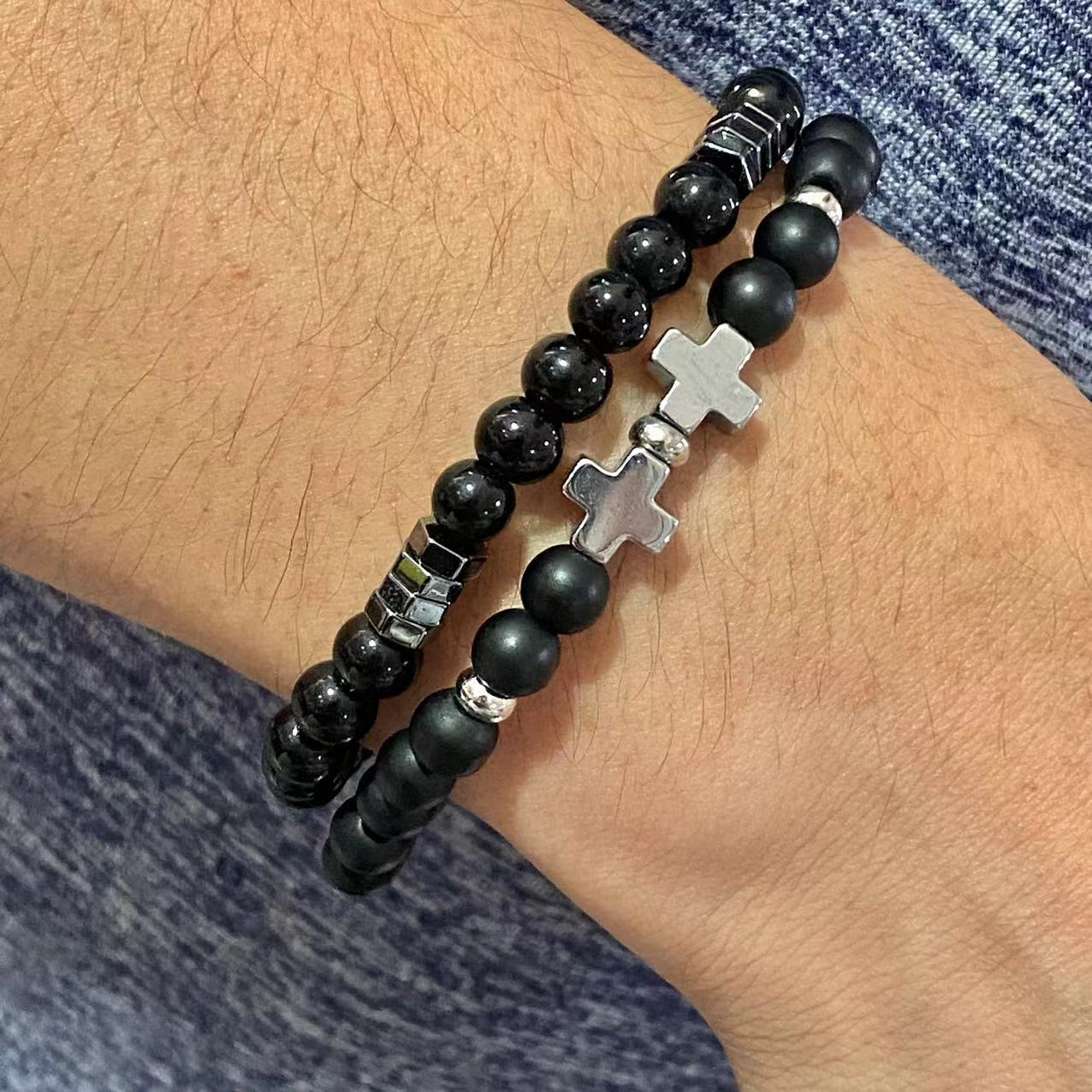 Men's Haematite Cross Bracelet Set